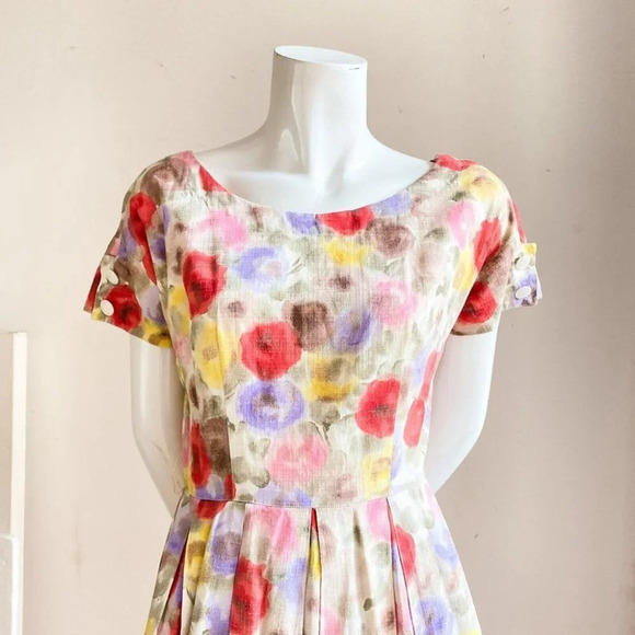 Vintage 50s 60s Floral Watercolour Print Fit and Flare Dress S/M - Picture 4 of 12